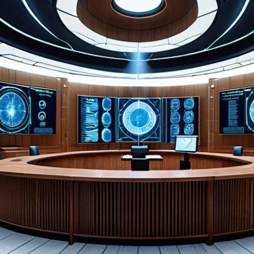 **

A futuristic courtroom with holographic displays showing international laws and contracts. Lawyers are using AI-powered interfaces to analyze global legal data. A blockchain symbol subtly integrated into the architecture. Focus on technology and globalization in law.

**