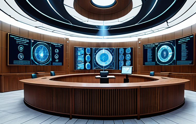 **
A futuristic courtroom with holographic displays showing international laws and contracts. Lawyers are using AI-powered interfaces to analyze global legal data. A blockchain symbol subtly integrated into the architecture. Focus on technology and globalization in law.
**