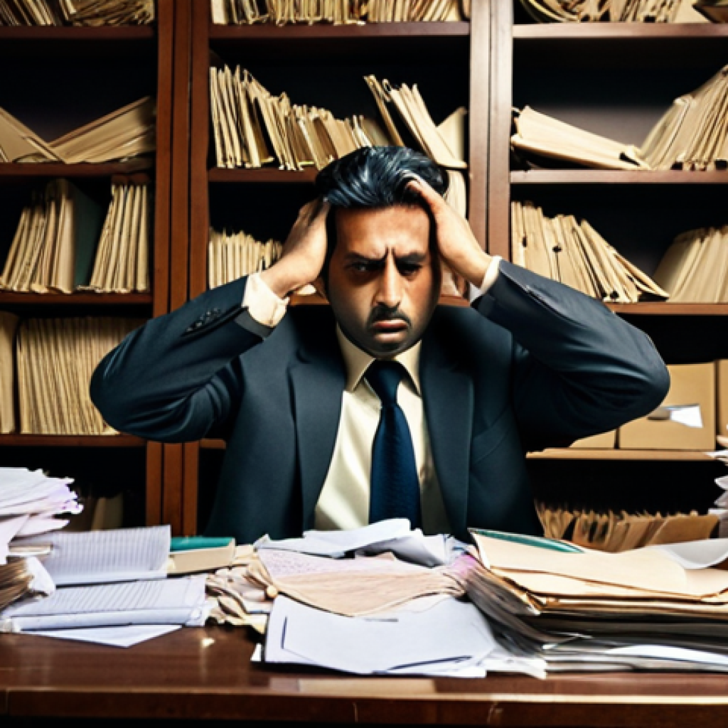 A professional male lawyer, appearing overwhelmed, sits at a large, traditional wooden desk cluttered with towering stacks of disorganized paper files and documents, some with visible Urdu script. His expression is stressed and frustrated, perhaps running a hand through his hair. The office is dimly lit, reflecting a sense of chaos and the burden of manual work. Realistic photography, detailed, cinematic lighting.
