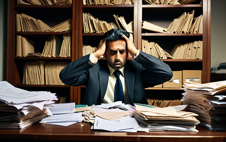 A professional male lawyer, appearing overwhelmed, sits at a large, traditional wooden desk cluttered with towering stacks of disorganized paper files and documents, some with visible Urdu script. His expression is stressed and frustrated, perhaps running a hand through his hair. The office is dimly lit, reflecting a sense of chaos and the burden of manual work. Realistic photography, detailed, cinematic lighting.
