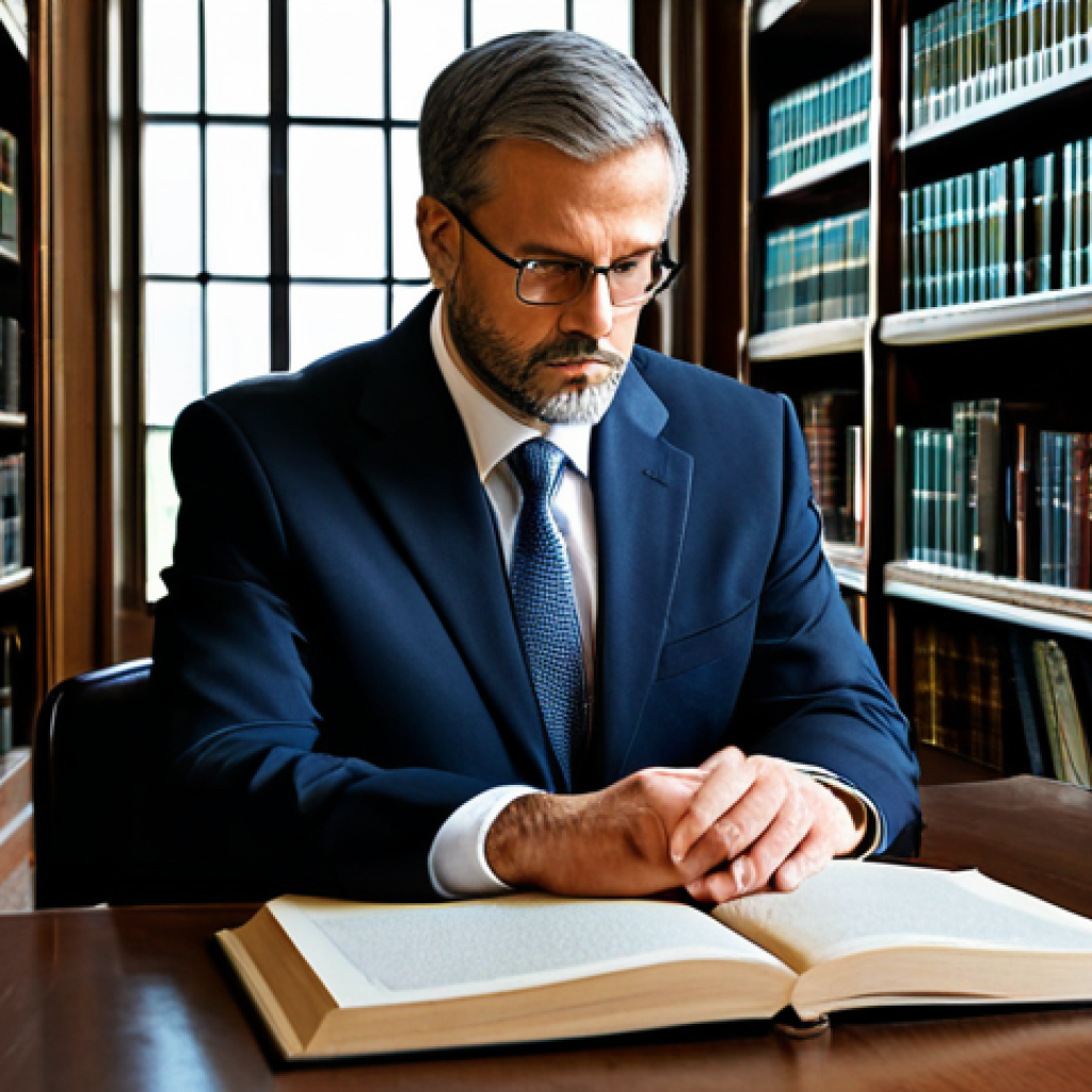 A focused male legal professional, an adult, in a modest business suit, deeply engrossed in legal research within a sophisticated law library. He is surrounded by shelves brimming with law books and has a laptop open on a large, polished wooden desk, emphasizing a commitment to deep understanding and analytical thought. The atmosphere is quiet, well-lit, and conducive to intellectual pursuit. Fully clothed, appropriate attire, professional dress, safe for work, appropriate content, modest, family-friendly, perfect anatomy, correct proportions, natural pose, well-formed hands, proper finger count, natural body proportions, high-quality photography, professional lighting, sharp focus, intricate details.
