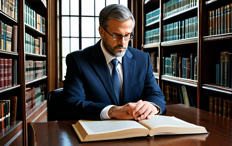 A focused male legal professional, an adult, in a modest business suit, deeply engrossed in legal research within a sophisticated law library. He is surrounded by shelves brimming with law books and has a laptop open on a large, polished wooden desk, emphasizing a commitment to deep understanding and analytical thought. The atmosphere is quiet, well-lit, and conducive to intellectual pursuit. Fully clothed, appropriate attire, professional dress, safe for work, appropriate content, modest, family-friendly, perfect anatomy, correct proportions, natural pose, well-formed hands, proper finger count, natural body proportions, high-quality photography, professional lighting, sharp focus, intricate details.