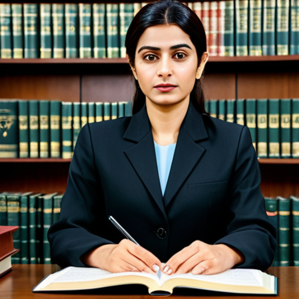 **
"A professional female lawyer in a modest business suit, standing confidently in a modern courtroom, fully clothed, appropriate attire, safe for work, perfect anatomy, natural proportions, professional photography, high quality, well-formed hands, proper finger count, family-friendly, serious expression, law books in background, Urdu calligraphy."
**