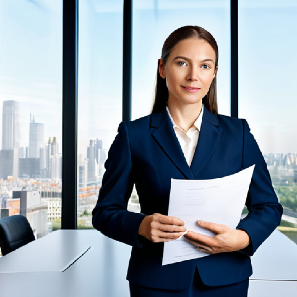 **

A professional female lawyer in a modest, dark blue business suit, standing confidently in a modern law office with large windows overlooking a cityscape. She is holding a closed legal document. Fully clothed, appropriate attire, safe for work, perfect anatomy, natural proportions, professional photography, high quality, bright lighting, family-friendly.

**
