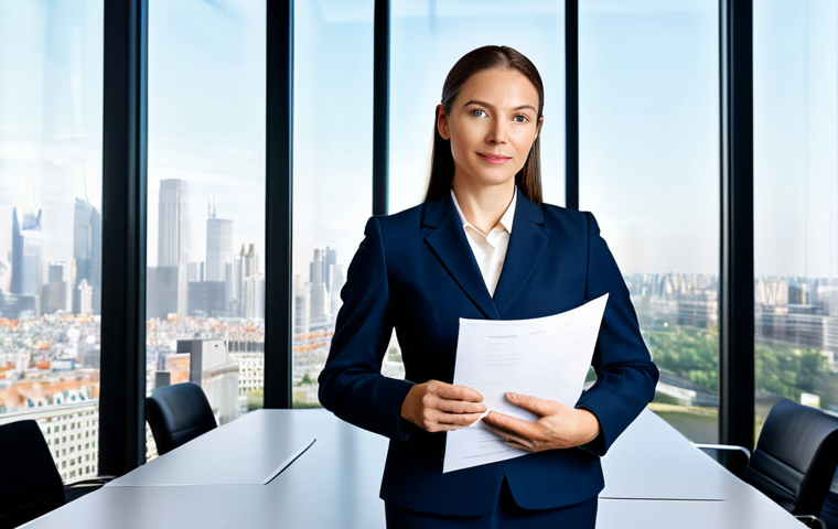 **
A professional female lawyer in a modest, dark blue business suit, standing confidently in a modern law office with large windows overlooking a cityscape. She is holding a closed legal document. Fully clothed, appropriate attire, safe for work, perfect anatomy, natural proportions, professional photography, high quality, bright lighting, family-friendly.
**