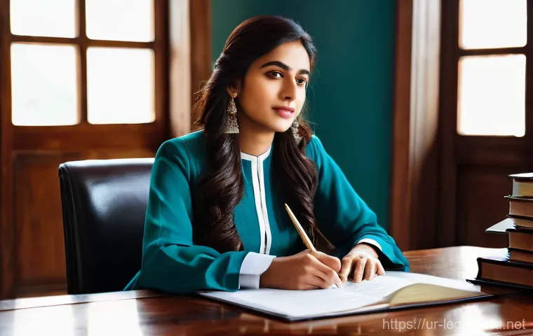 법률 자문가의 직무 만족도 조사 - **Prompt 1: Content Pakistani Lawyer in a Modest Office**
"A portrait of a young Pakistani femal...