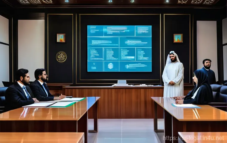 법률 실무의 새로운 동향 - **Prompt for "The Digital Courtroom"**:
"A dynamic and futuristic courtroom scene set in Pakista...