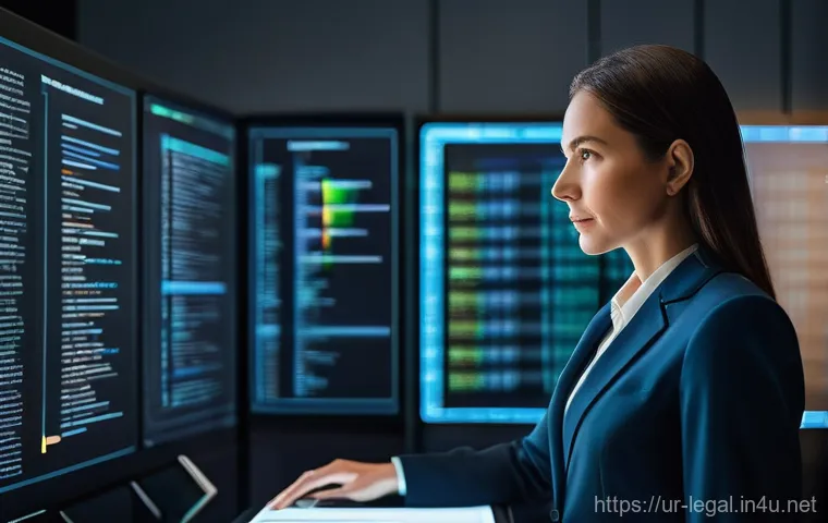 법률자문가의 직무 혁신 - **Prompt:** A focused, professional female lawyer in her mid-30s, dressed in a sharp, tailored busin...