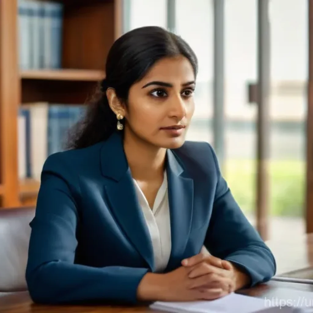 법률자문가의 실무 사례 - A calm and inviting legal office setting in a South Asian city. A female lawyer, in her late 30s, we...