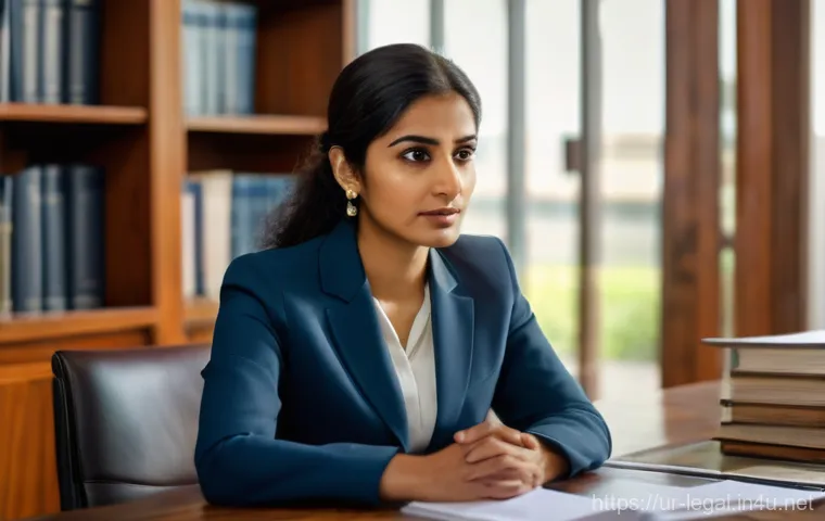 법률자문가의 실무 사례 - A calm and inviting legal office setting in a South Asian city. A female lawyer, in her late 30s, we...